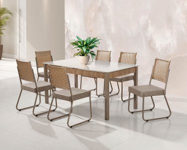 MESA 6 CADEIRAS AÇO NOBRE FACINARE TAMPO DE VIDRO 160X90